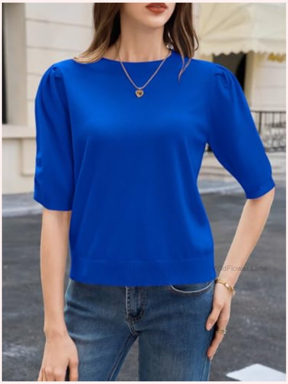 Puff Sleeve Sweater Top Ruffle Crew Neck Dressy Casual Loose Knit Pullover - Picture 3 of 7